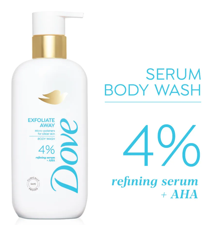 Dove Exfoliate Away Serum Body Wash | 4% AHA Refining Serum | Smooth, Glowing & Silky Skin 1L