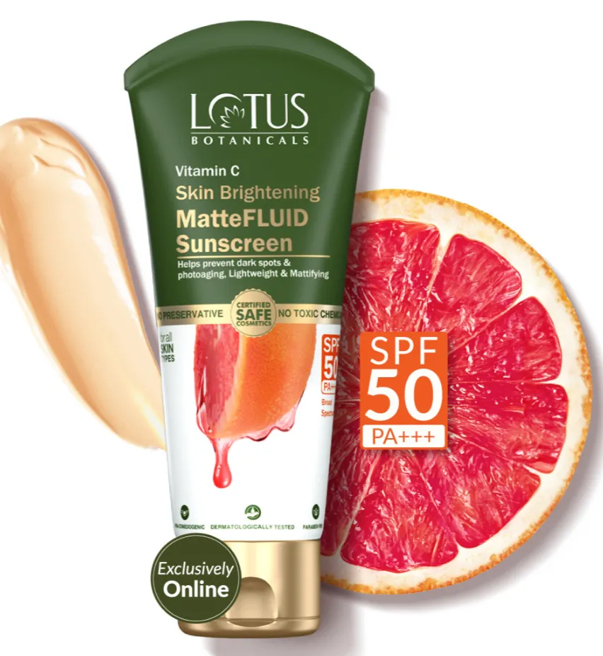 Lotus Botanicals Vitamin C Skin Brightening Matte Fluid Sunscreen SPF 50 PA+++ | Lightweight & Oil-Free Sun Protection